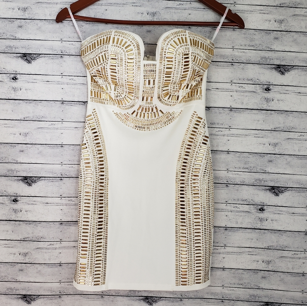 🆕️Agaci Cream And Gold Strapless Bodycon Dress Sm - Picture 5 of 7